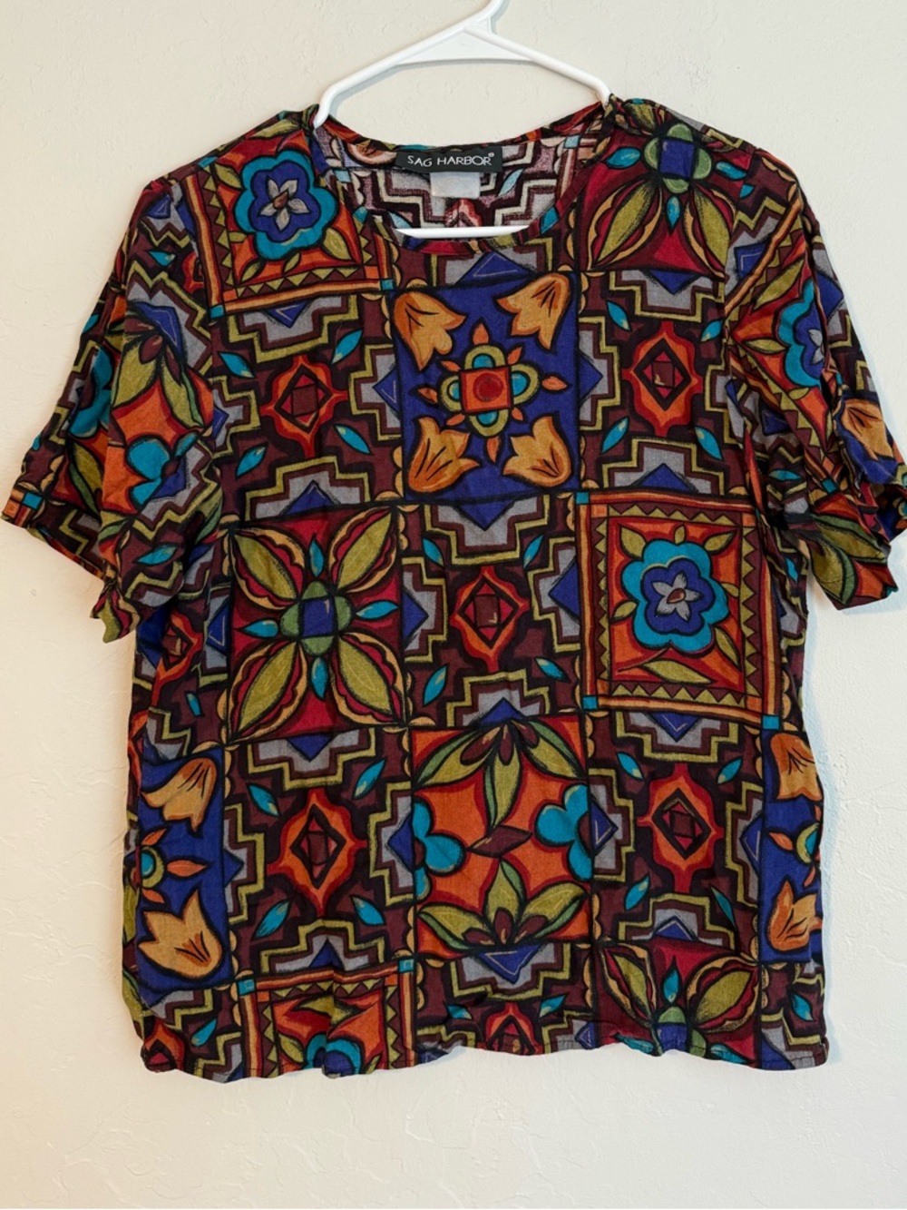 Sag Harbor Blue and Orange Floral Geometric Short Sleeve Top
